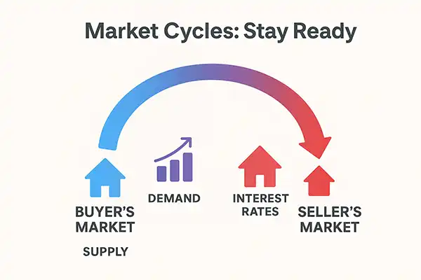 Alt Text: Timeline infographic showing how market conditions transition from buyer’s to seller’s market.