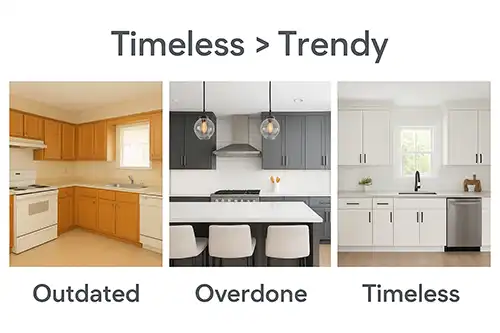 Comparison of outdated, overly trendy, and timeless kitchen designs.