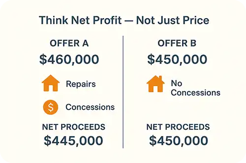 Infographic comparing sale price versus net proceeds for two home offers.