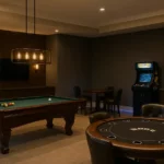 Luxury game room with pool table, poker table, and arcade machine.