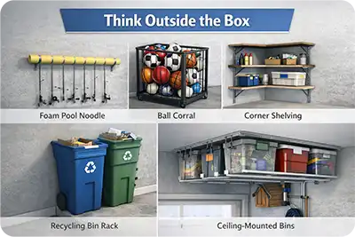 Creative DIY garage storage solutions including ball corral and wall-mounted racks