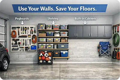 Garage wall storage systems including pegboards, shelves, and cabinets