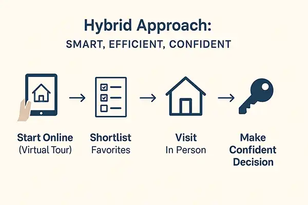 Hybrid home-buying infographic combining virtual and in-person showings