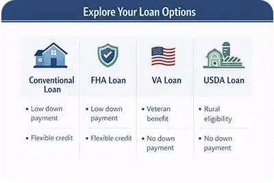 Comparison table of first-time home buyer loan options including conventional, FHA, VA, and USDA loans