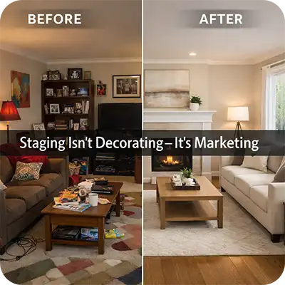 Side-by-side comparison of cluttered living room versus professionally staged neutral living room