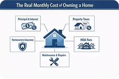 Infographic showing full breakdown of monthly homeownership costs including mortgage, taxes, insurance, HOA, and maintenance